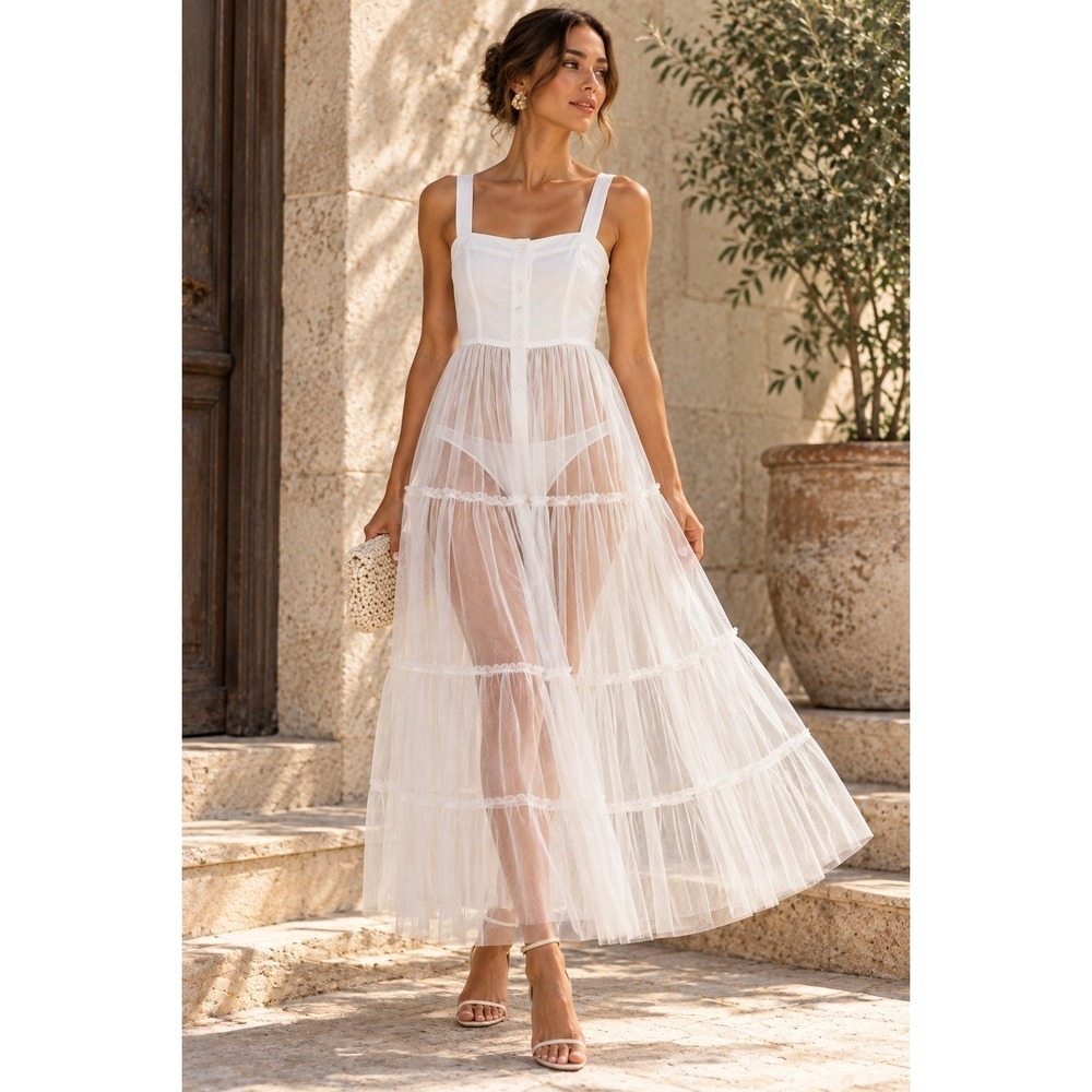 White Tiered Tulle Midi Dress S Button Front Bridal Engagement Romantic Summer